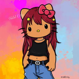 A depiction of Hello Kitty with long dark red hair and tan skin, wearing a black crop top and blue baggy jeans