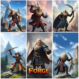 Create a series of images featuring different Hero Forge 3D characters in various dynamic and adventurous poses