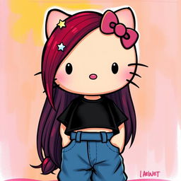 A depiction of a short Hello Kitty with long dark red hair and light tan skin