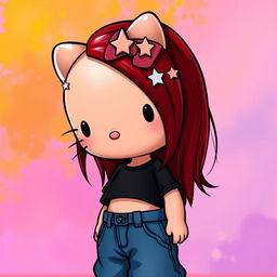 A depiction of a short Hello Kitty with long dark red hair and light tan skin