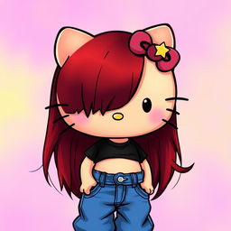 A depiction of a short Hello Kitty with long dark red hair and light tan skin