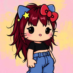 A depiction of a short Hello Kitty with long dark red hair and light tan skin