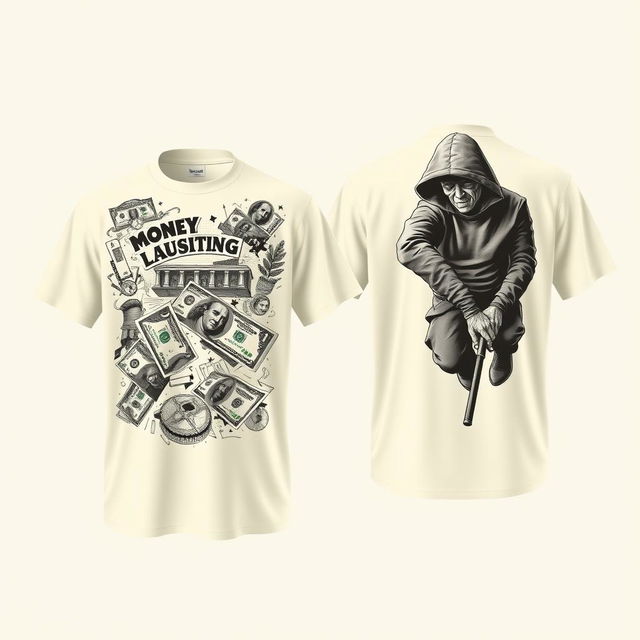 Design a cream-colored shirt with a money laundering theme on the front and an image of a robber on the back