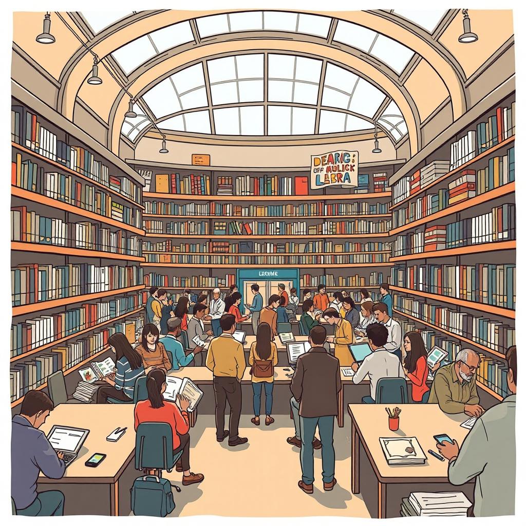 A detailed illustration of a public library, showcasing its importance to society and the public library movement