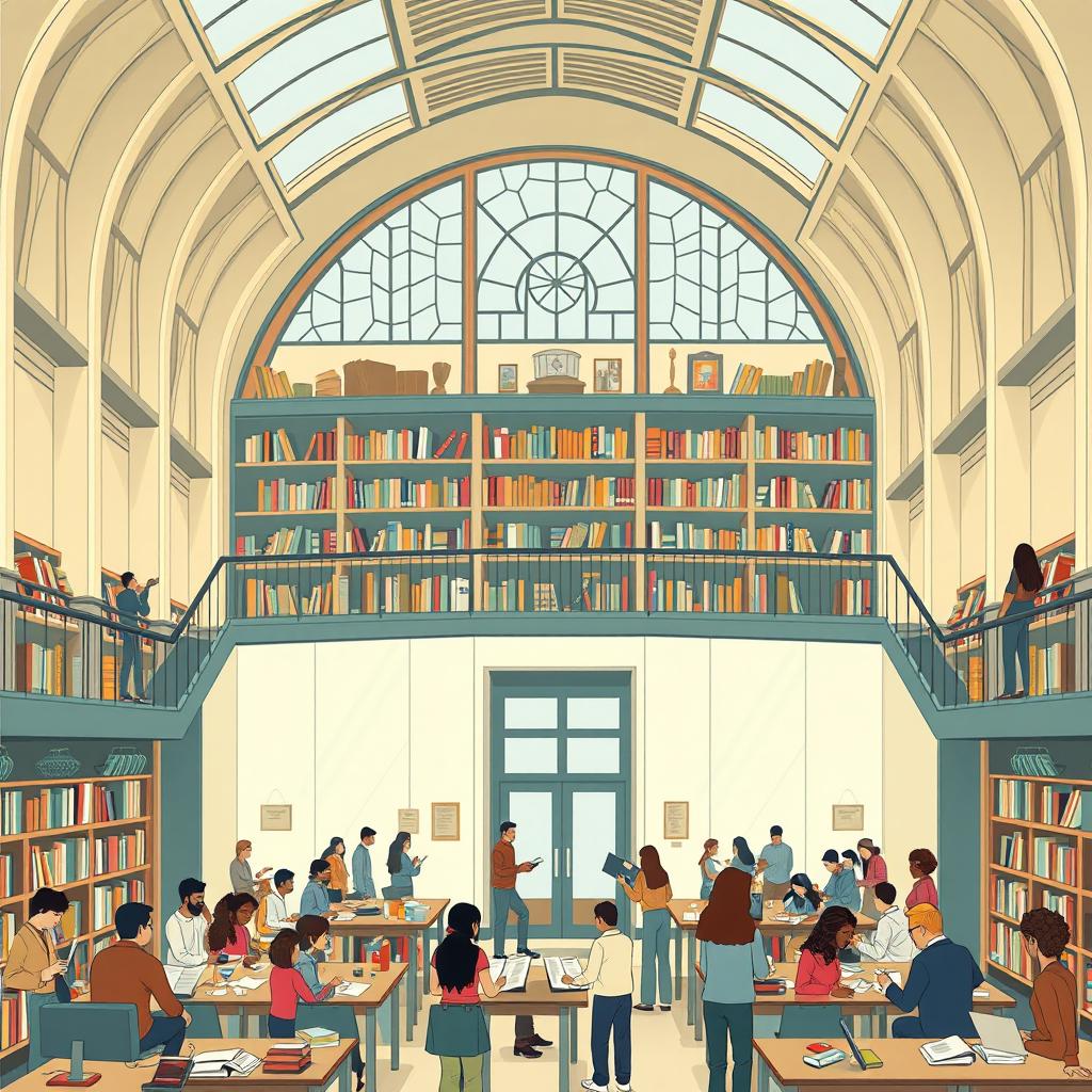 A detailed illustration of a public library, showcasing its importance to society and the public library movement