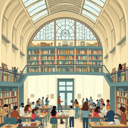 A detailed illustration of a public library, showcasing its importance to society and the public library movement