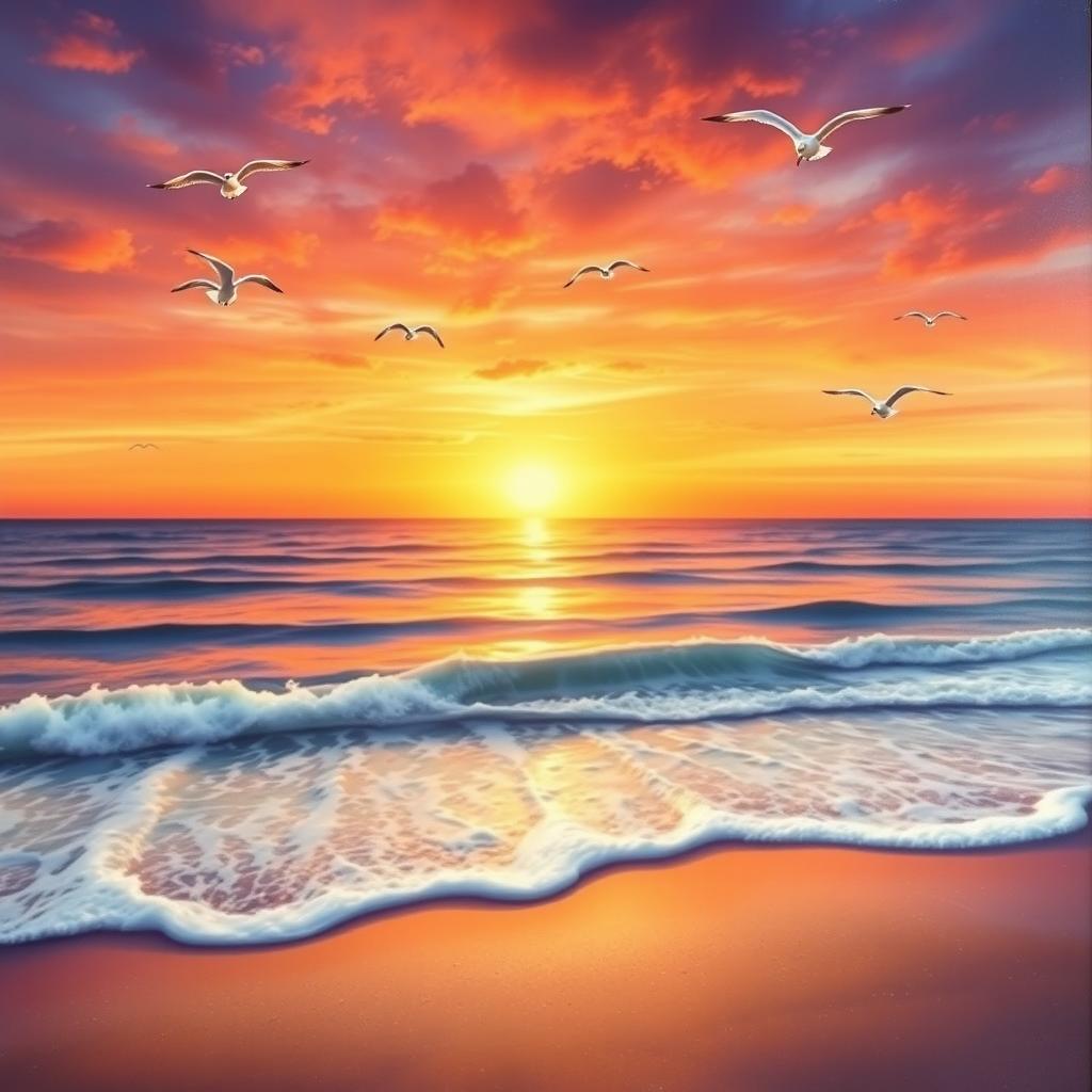 A vibrant and detailed scene of a beautiful sunset over a serene beach, with gentle waves lapping at the shore and seagulls flying in the sky