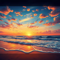 A vibrant and detailed scene of a beautiful sunset over a serene beach, with gentle waves lapping at the shore and seagulls flying in the sky