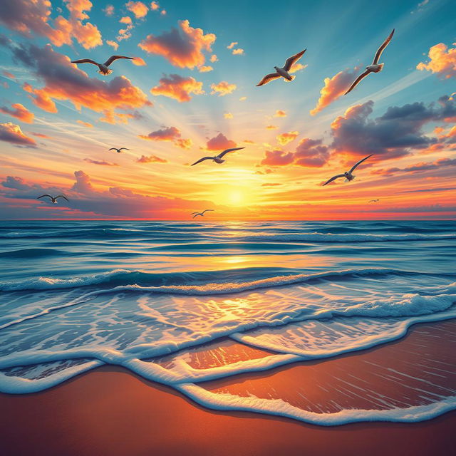 A vibrant and detailed scene of a beautiful sunset over a serene beach, with gentle waves lapping at the shore and seagulls flying in the sky