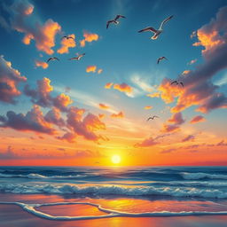 A vibrant and detailed scene of a beautiful sunset over a serene beach, with gentle waves lapping at the shore and seagulls flying in the sky