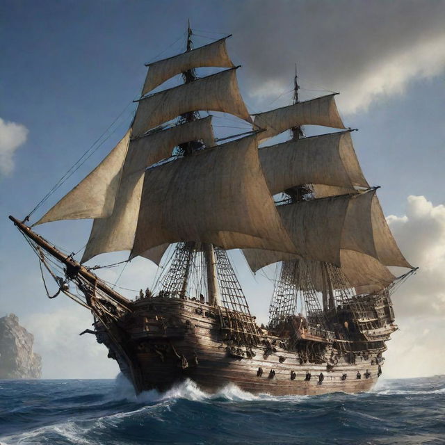 A ship in the flair of Pirates of the Caribbean, imbued with spectacular phantom energy, intricately detailed and insanely complex.