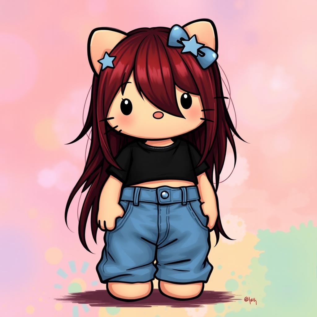 A depiction of a short Hello Kitty with long dark red hair and light tan skin