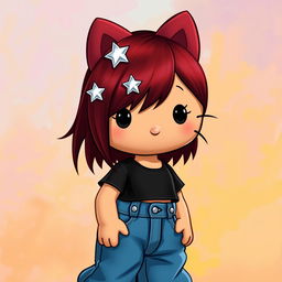 A depiction of a short Hello Kitty with long dark red hair and light tan skin