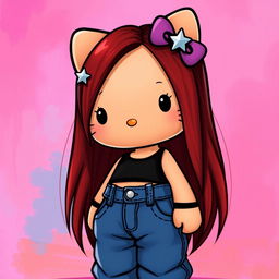 A depiction of a short Hello Kitty with long dark red hair and light tan skin