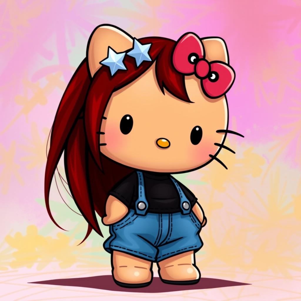 A depiction of a short Hello Kitty with long dark red hair and light tan skin