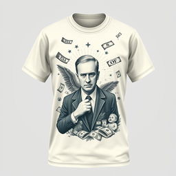 Design a cream-colored shirt featuring a money laundering theme involving a government official