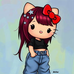 A depiction of a short Hello Kitty with long dark red hair and light tan skin