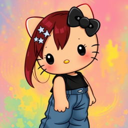 A depiction of a short Hello Kitty with long dark red hair and light tan skin