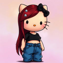 A depiction of a short Hello Kitty with long dark red hair and light tan skin