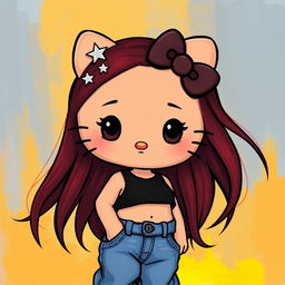 A depiction of a short Hello Kitty with long dark red hair and light tan skin