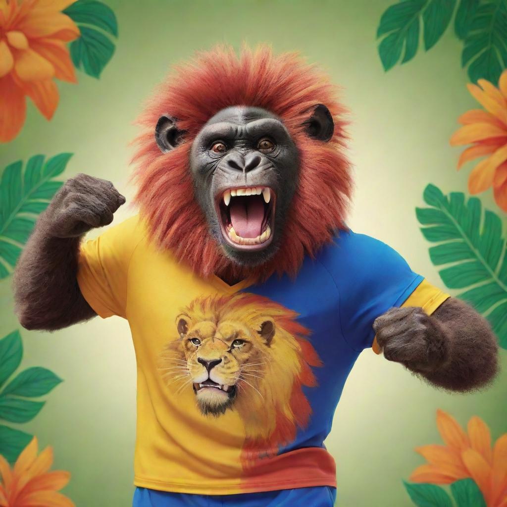 A cartoon depiction of an anthropomorphic ape joyfully wearing a vibrant lion's sport jersey, showcasing a playful blend of nature and sports culture.