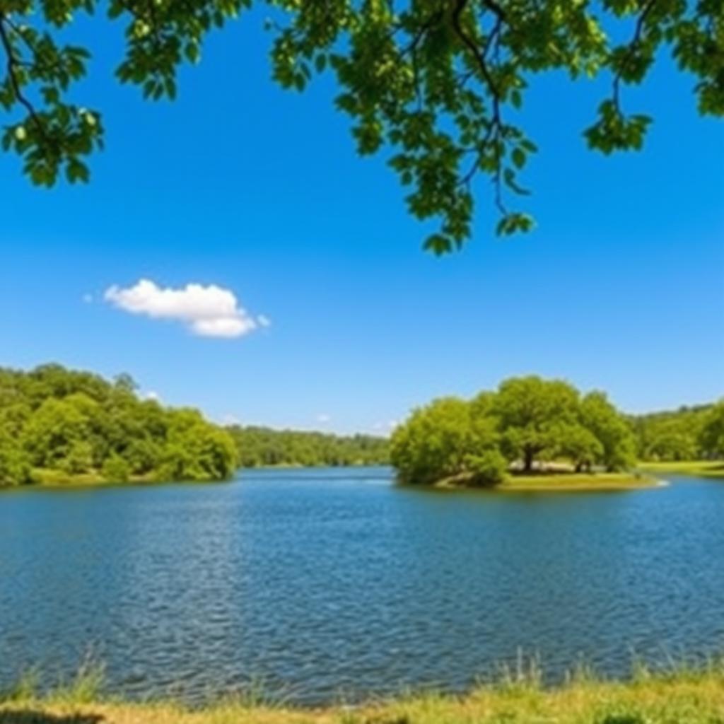 A beautiful landscape featuring a serene lake surrounded by lush green trees, with a clear blue sky and a few fluffy white clouds