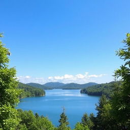 A beautiful landscape featuring a serene lake surrounded by lush green trees, with a clear blue sky and a few fluffy white clouds