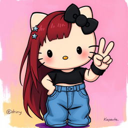 A depiction of a short Hello Kitty with long dark red hair and light tan skin