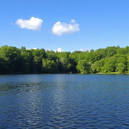 A beautiful landscape featuring a serene lake surrounded by lush green trees, with a clear blue sky and a few fluffy white clouds