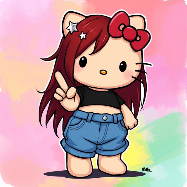 A depiction of a short Hello Kitty with long dark red hair and light tan skin