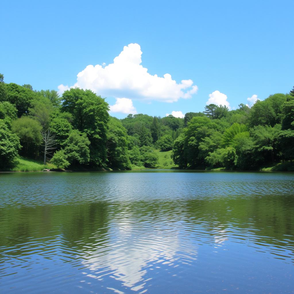 A beautiful landscape featuring a serene lake surrounded by lush green trees, with a clear blue sky and a few fluffy white clouds