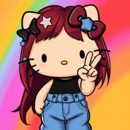 A depiction of a short Hello Kitty with long dark red hair and light tan skin