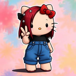 A depiction of a short Hello Kitty with long dark red hair and light tan skin