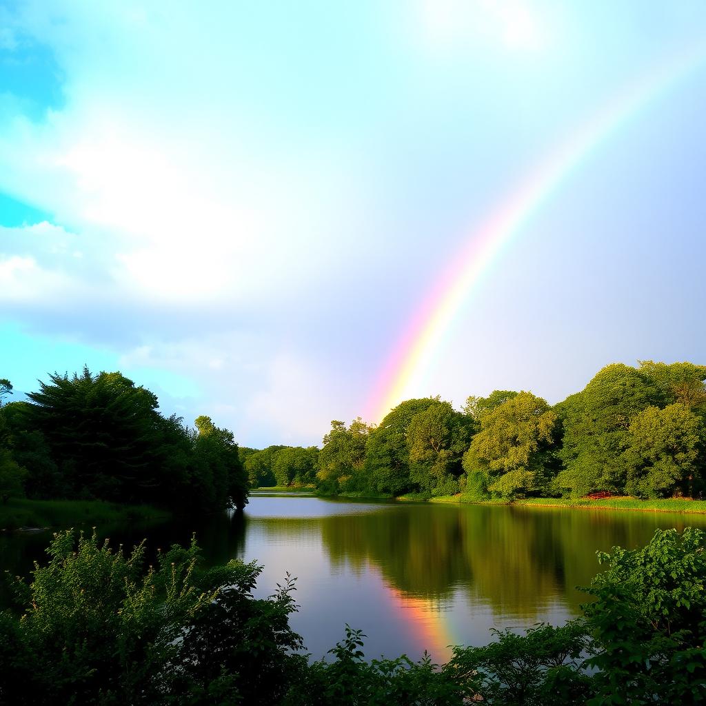 A serene landscape with a rainbow stretching across the sky, a clear blue lake reflecting the vibrant colors, and lush green trees surrounding the water