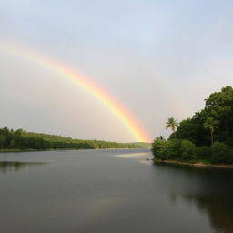 A serene landscape with a rainbow stretching across the sky, a clear blue lake reflecting the vibrant colors, and lush green trees surrounding the water