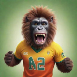 A cartoon depiction of an anthropomorphic ape joyfully wearing a vibrant lion's sport jersey, showcasing a playful blend of nature and sports culture.