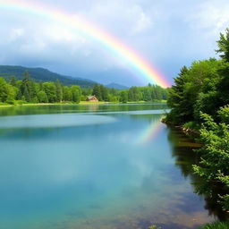 A serene landscape with a rainbow stretching across the sky, a clear blue lake reflecting the vibrant colors, and lush green trees surrounding the water