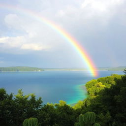 A serene landscape with a rainbow stretching across the sky, a clear blue lake reflecting the vibrant colors, and lush green trees surrounding the water