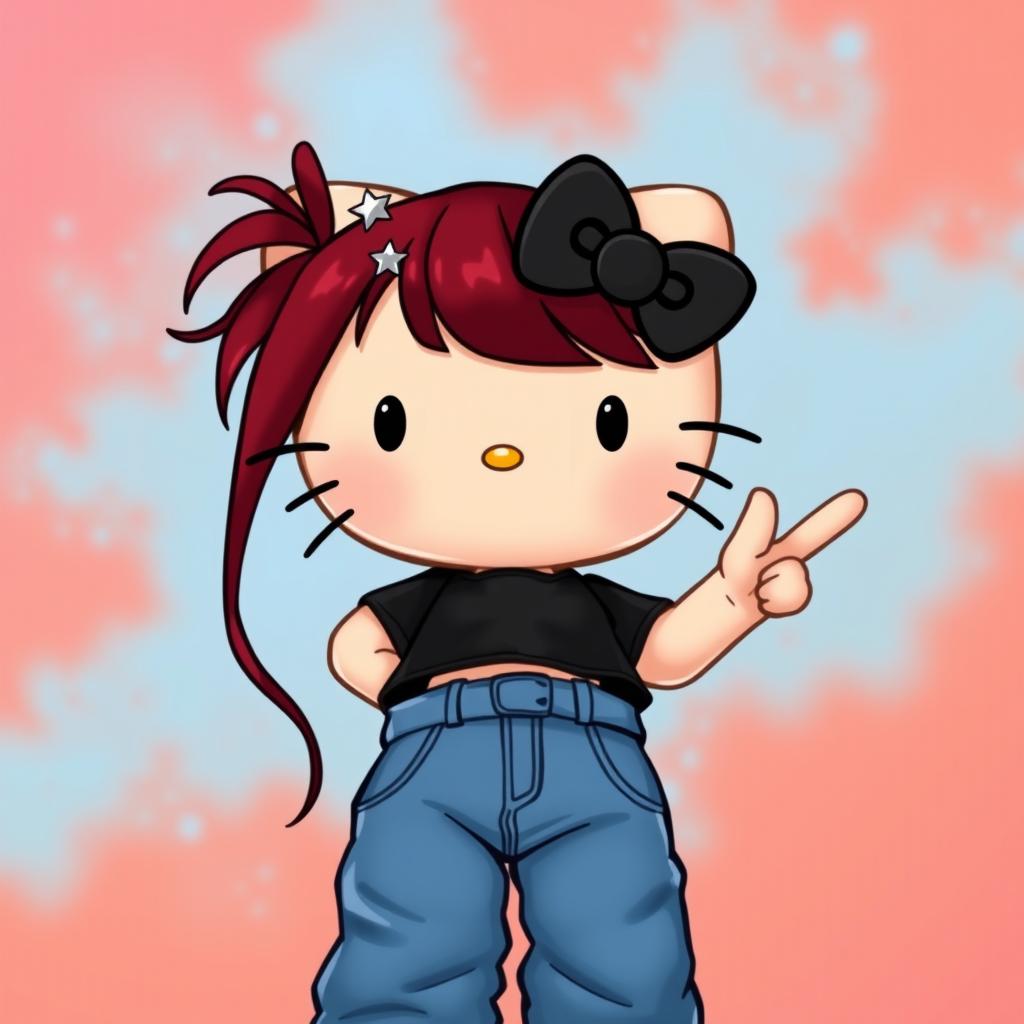 A depiction of a short Hello Kitty with long dark red hair and light tan skin, seen from an upward perspective