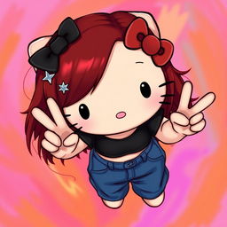 A depiction of a short Hello Kitty with long dark red hair and light tan skin, seen from an upward perspective