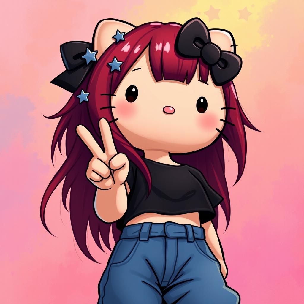 A depiction of a short Hello Kitty with long dark red hair and light tan skin, seen from an upward perspective