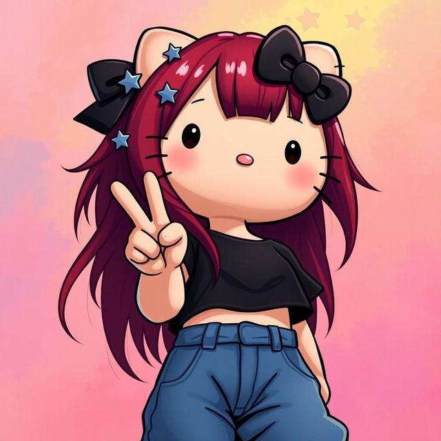 A depiction of a short Hello Kitty with long dark red hair and light tan skin, seen from an upward perspective