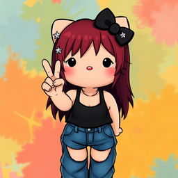 A depiction of a short Hello Kitty with long dark red hair and light tan skin, seen from an upward perspective