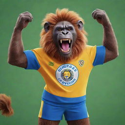 A cartoon depiction of an anthropomorphic ape joyfully wearing a vibrant lion's sport jersey, showcasing a playful blend of nature and sports culture.