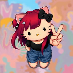 A depiction of a short Hello Kitty with long dark red hair and light tan skin, seen from a higher upward perspective