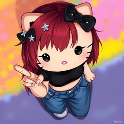 A depiction of a short Hello Kitty with long dark red hair and light tan skin, seen from a higher upward perspective