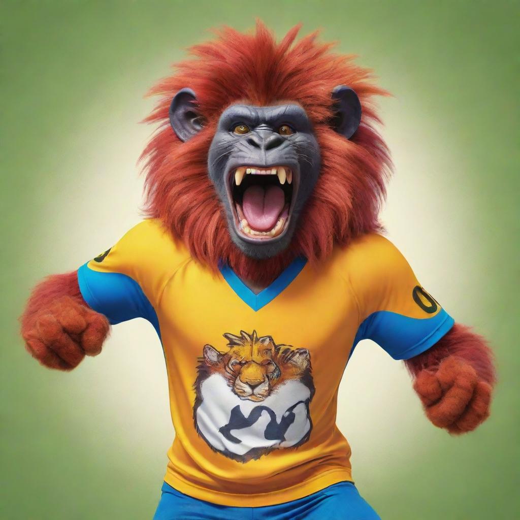 A cartoon depiction of an anthropomorphic ape joyfully wearing a vibrant lion's sport jersey, showcasing a playful blend of nature and sports culture.