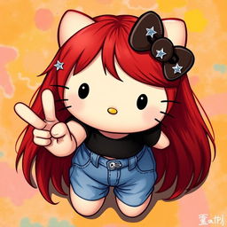 A depiction of a short Hello Kitty with long dark red hair and light tan skin, seen from a higher upward perspective