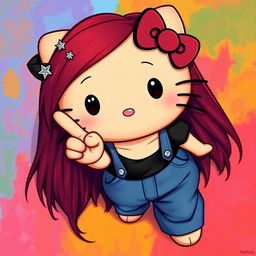 A depiction of a short Hello Kitty with long dark red hair and light tan skin, seen from a higher upward perspective