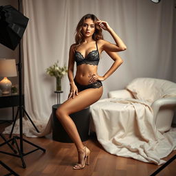 A professional photoshoot scene for a lingerie album featuring a model in elegant lingerie and wedge pumps